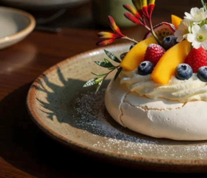 Australian pavlova dessert with fresh fruit