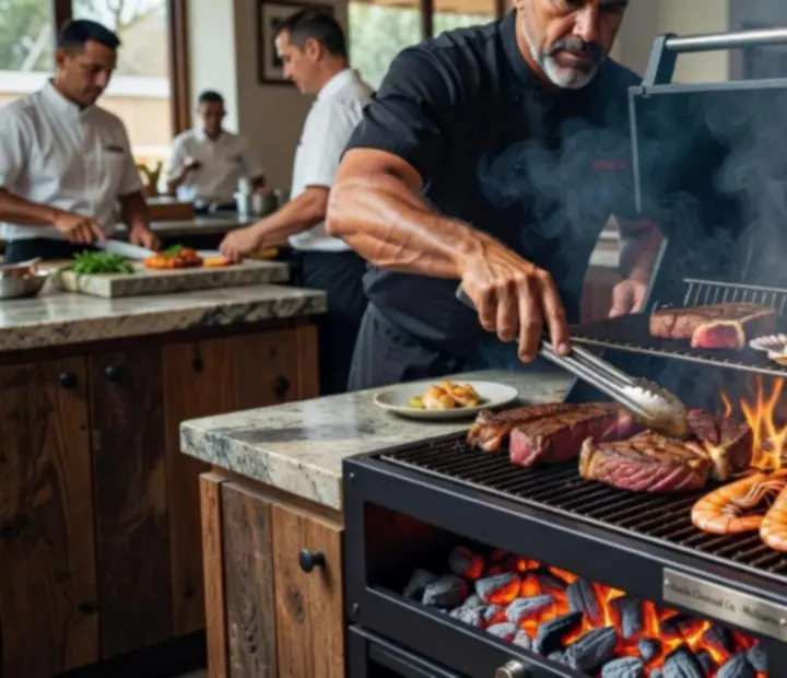 Charcoal grill at ADSIGHT LTD with steaks and seafood cooking over open flame.