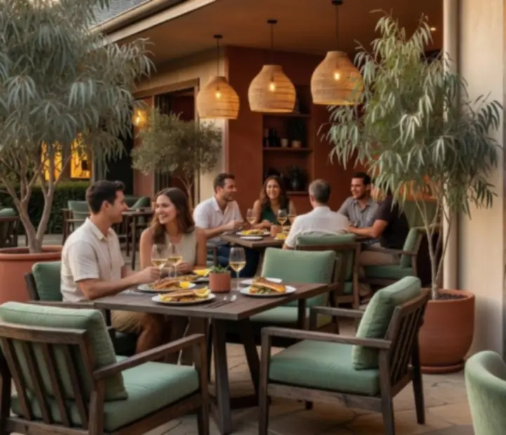 ADSIGHT LTD terrace dining space transitioning into an intimate evening poker lounge with dedicated poker tables.