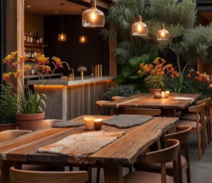Warm Australian restaurant terrace transitioning into an intimate poker lounge with timber tables, greenery and soft evening lighting