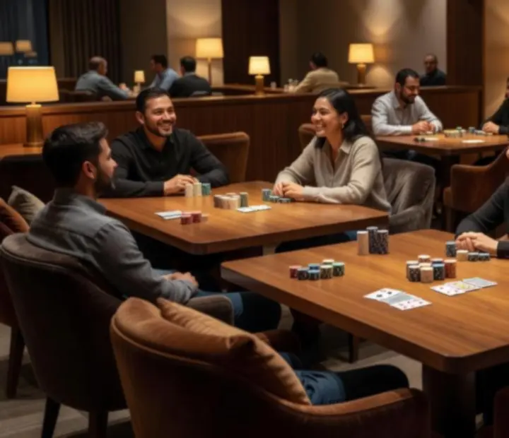 Dedicated offline poker tables in a relaxed Australian card lounge with soft lighting and timber details