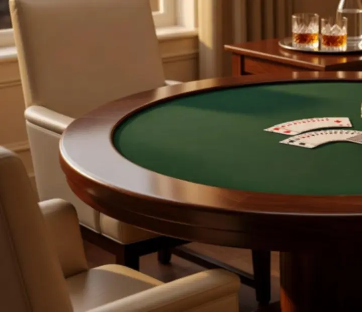 Close view of timber poker tables at ADSIGHT LTD with cream chairs and neutral poker chips.
