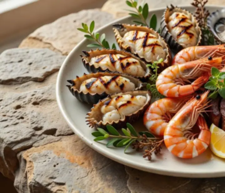 Plate of Australian seafood and steak with local sides