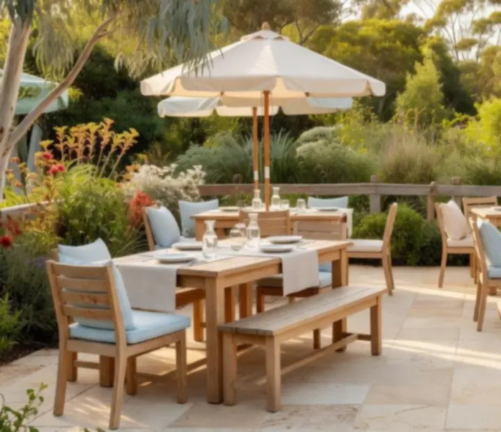 Terrace dining tables at ADSIGHT LTD with light timber, pale blue details and native greenery.